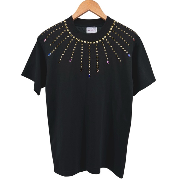 Vtg Special F/X Embellished Studded Tee S/M Black 80s Rhinestones Single Stitch - Picture 1 of 13